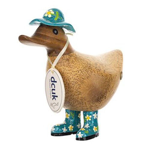 Wooden Ducky with Floral Hat & Welly Boots - Teal1 - Duck Barn Interiors