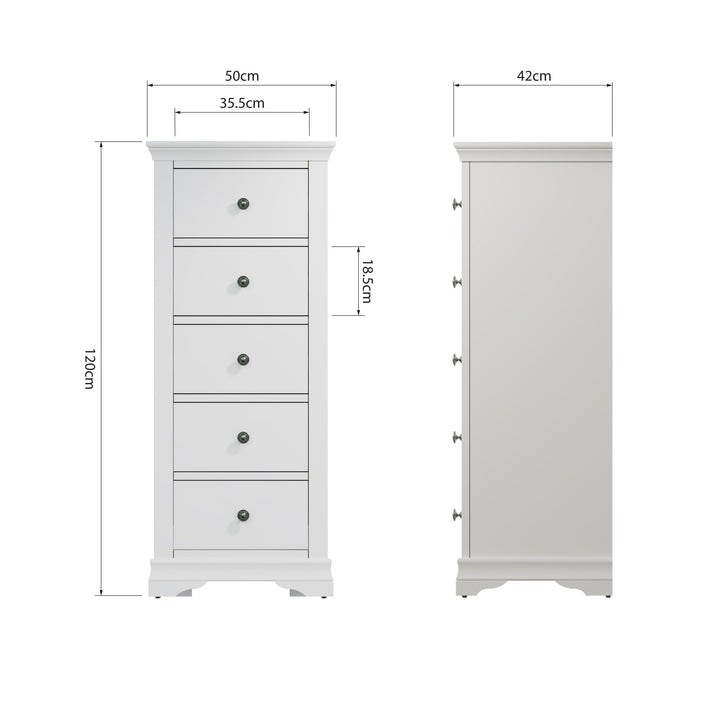 Coastal Chalk White 5 Drawer Narrow Chest Tallboy - Duck Barn Interiors