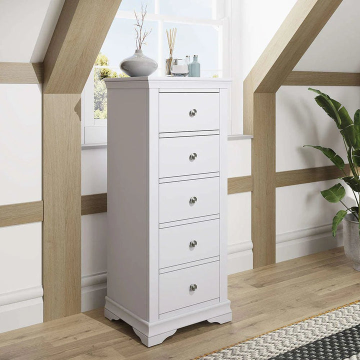 Coastal Chalk White 5 Drawer Narrow Chest Tallboy - Duck Barn Interiors