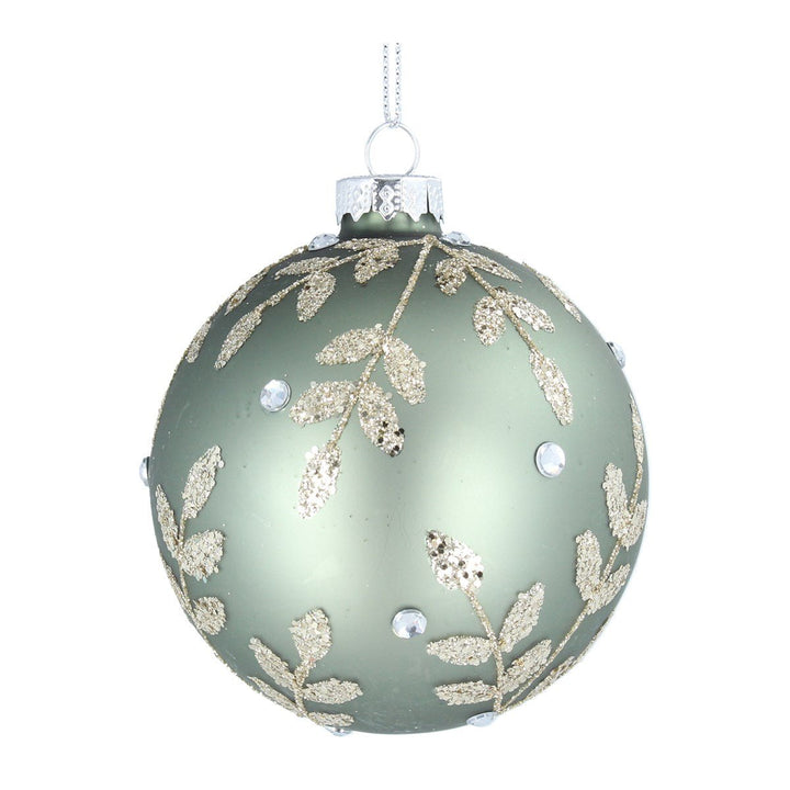 Gisela Graham Silver Leaves Sage Green Glass Bauble1 - Duck Barn Interiors