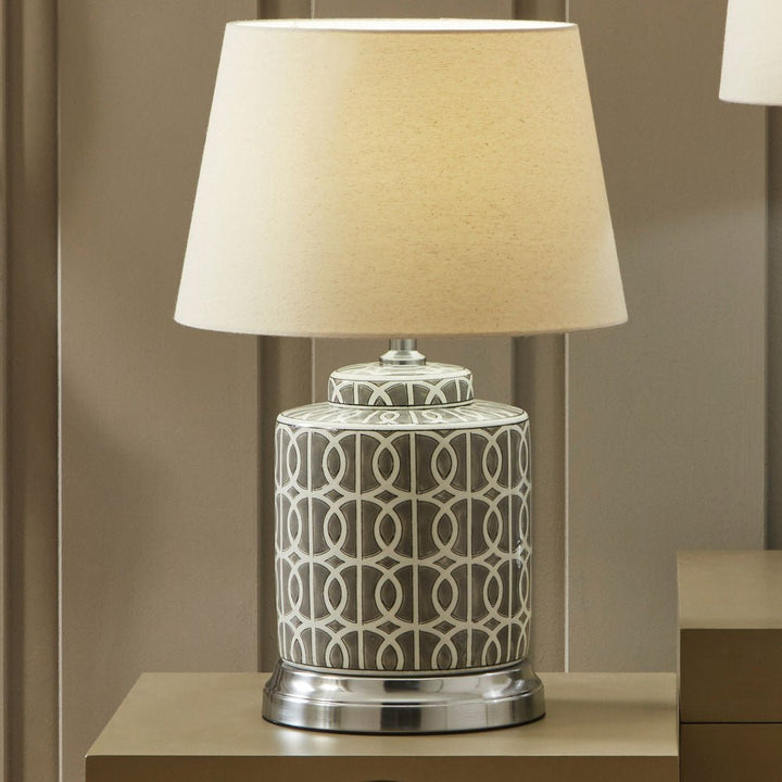 Grey and White Geo Pattern Table Lamp1 - Duck Barn Interiors