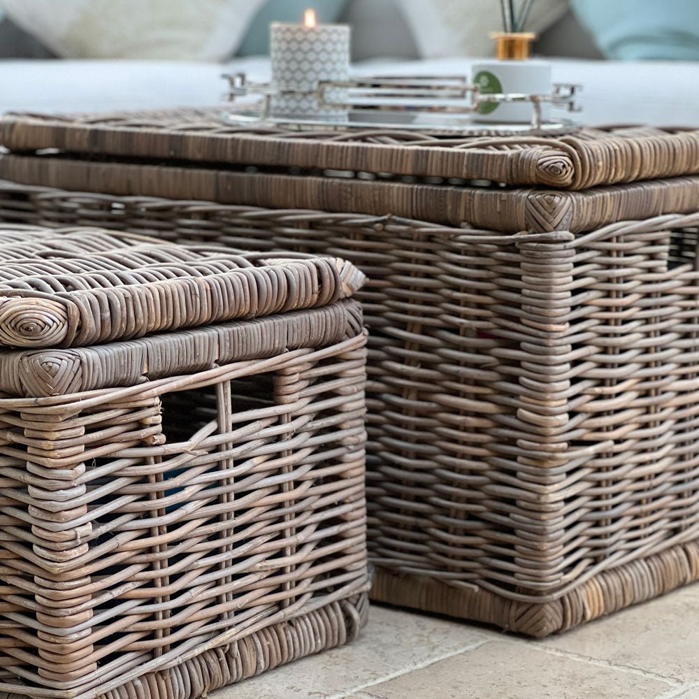 Grey Rectangle Wicker Lidded Storage Chests - Set of 22 - Duck Barn Interiors