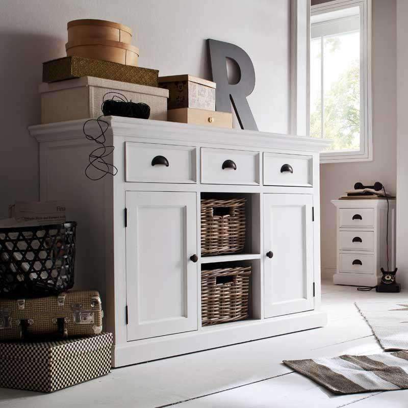 Halifax White Painted Buffet Sideboard with Rattan Baskets - Duck Barn Interiors