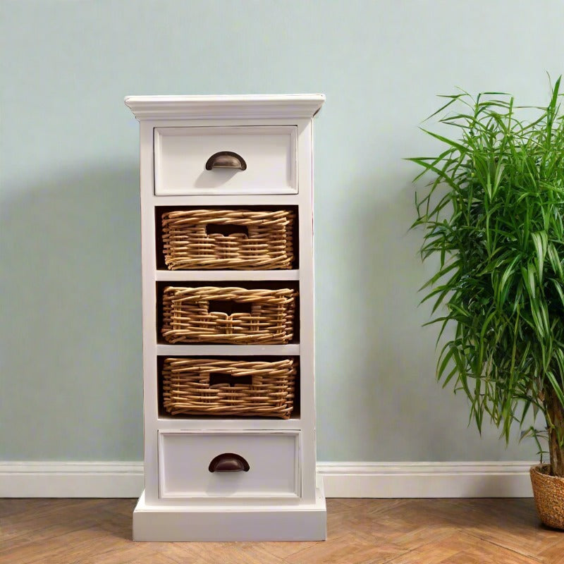 Halifax White Painted Narrow Tallboy Chest of Drawers with Rattan Baskets1 - Duck Barn Interiors