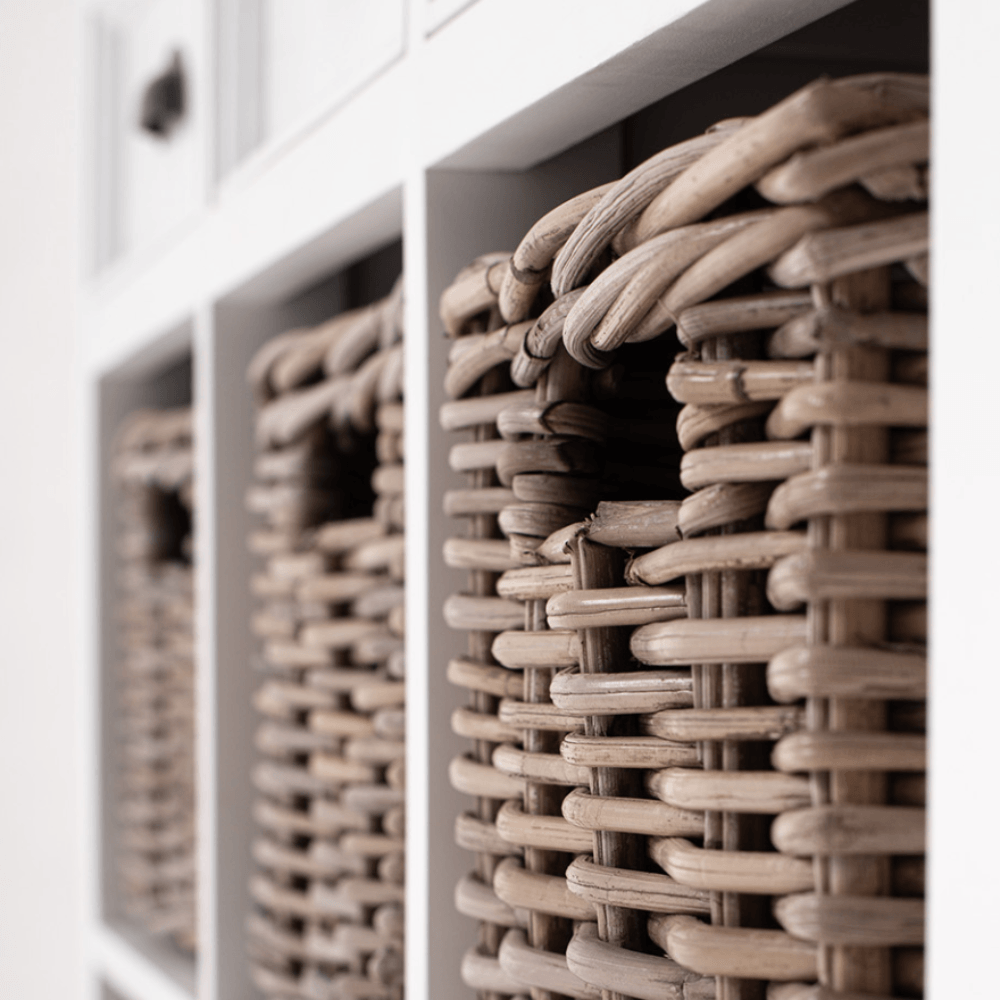 Halifax White Painted Sideboard with Drawers and Rattan Baskets7 - Duck Barn Interiors