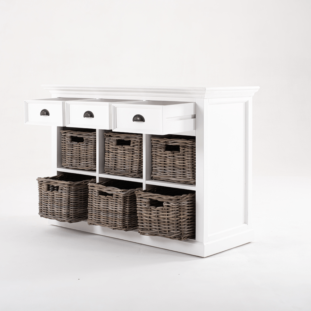 Halifax White Painted Sideboard with Drawers and Rattan Baskets4 - Duck Barn Interiors