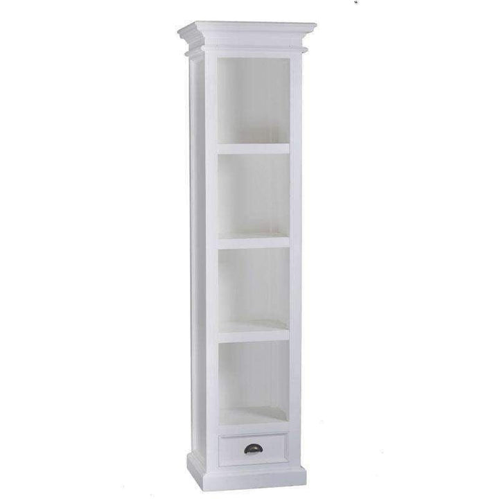 Halifax White Painted Tall Narrow Bookcase With Low Drawer2 - Duck Barn Interiors