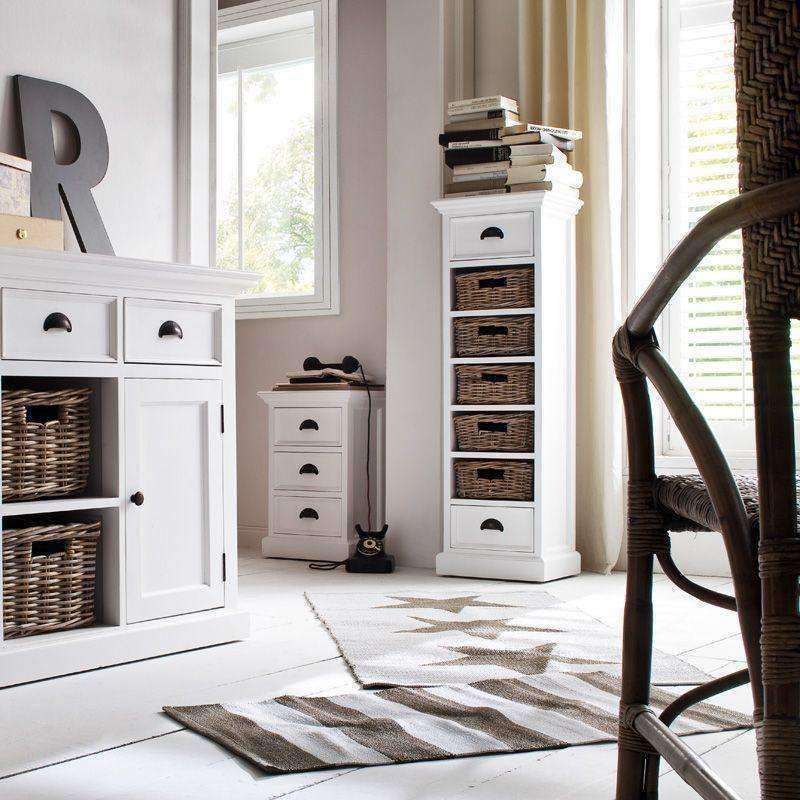 Halifax White Painted Tall Narrow Storage with 5 Rattan Baskets2 - Duck Barn Interiors