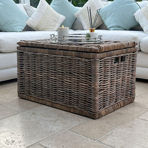 Grey Rectangle Wicker Lidded Storage Chest - Large