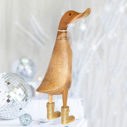 Large Wooden Disco Duck with Gold Sparkly Welly Boots