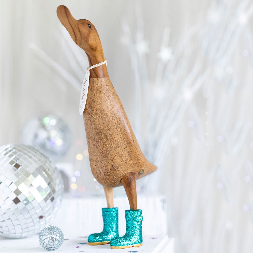 Large Wooden Disco Duck with Green Sparkly Welly Boots - Duck Barn Interiors