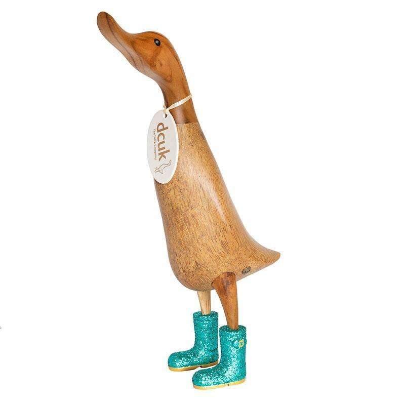 Large Wooden Disco Duck with Green Sparkly Welly Boots - Duck Barn Interiors