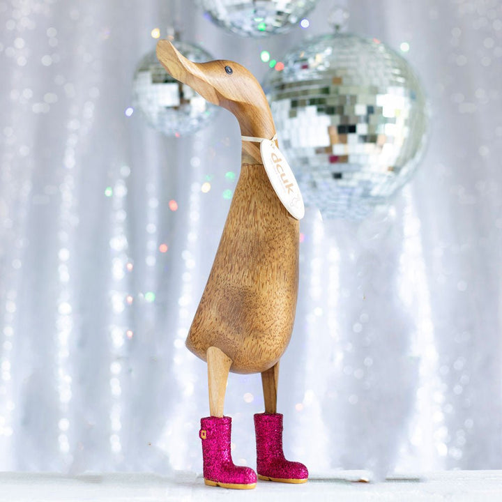 Large Wooden Disco Duck with Pink Sparkly Welly Boots1 - Duck Barn Interiors