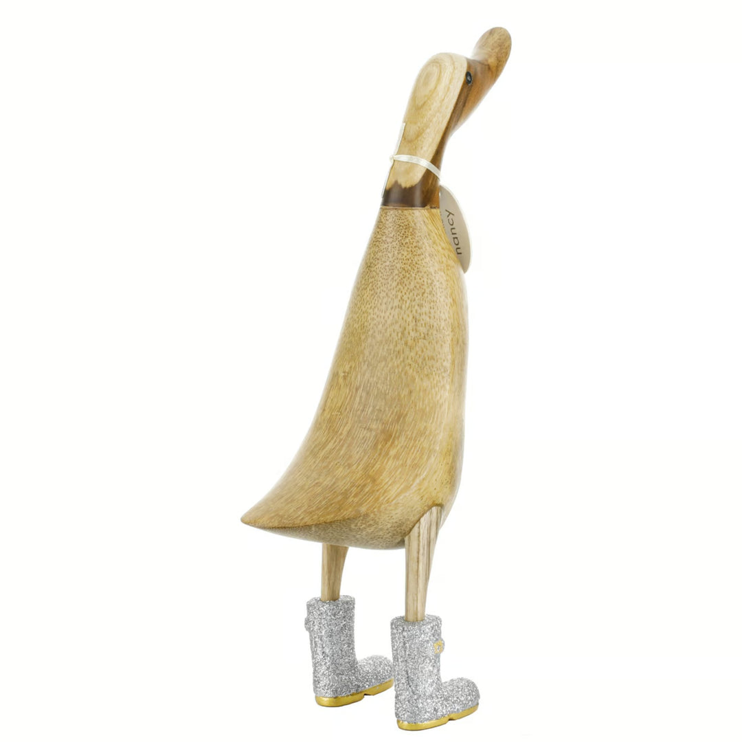 Large Wooden Disco Duck with Silver Sparkly Welly Boots - Duck Barn Interiors