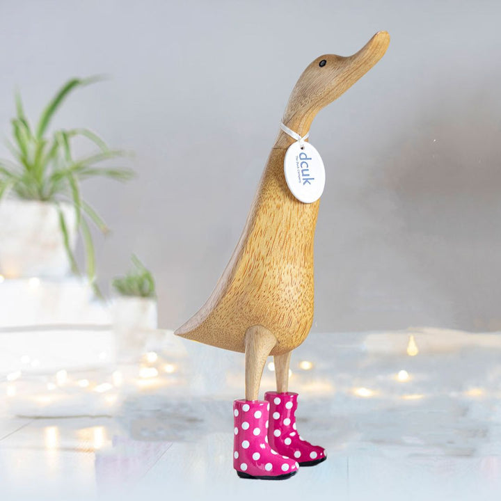 Large Wooden Duck in Bright Pink and White Spotty Wellies - Duck Barn Interiors