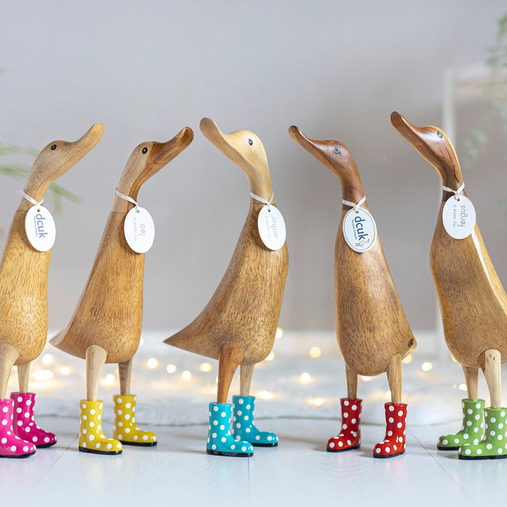 Large Wooden Duck in Bright Pink and White Spotty Wellies - Duck Barn Interiors