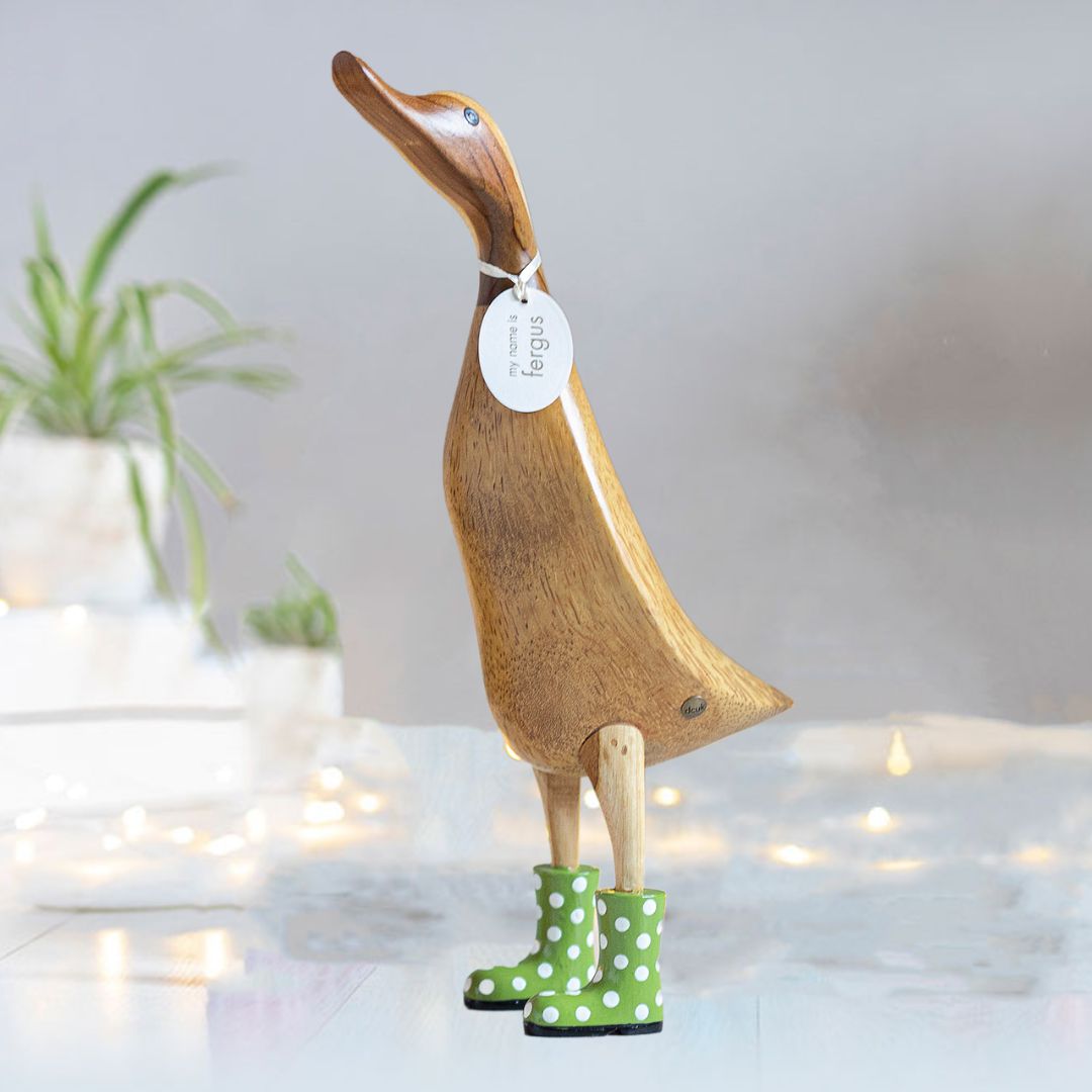 Large Wooden Duck in Green and White Spotty Wellies - Duck Barn Interiors