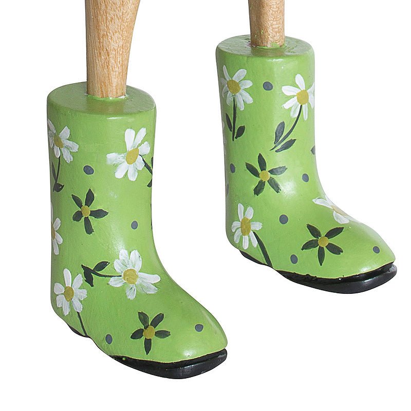 Large Wooden Duck in Green Floral Welly Boots2 - Duck Barn Interiors