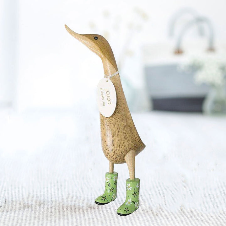 Large Wooden Duck in Green Floral Welly Boots1 - Duck Barn Interiors