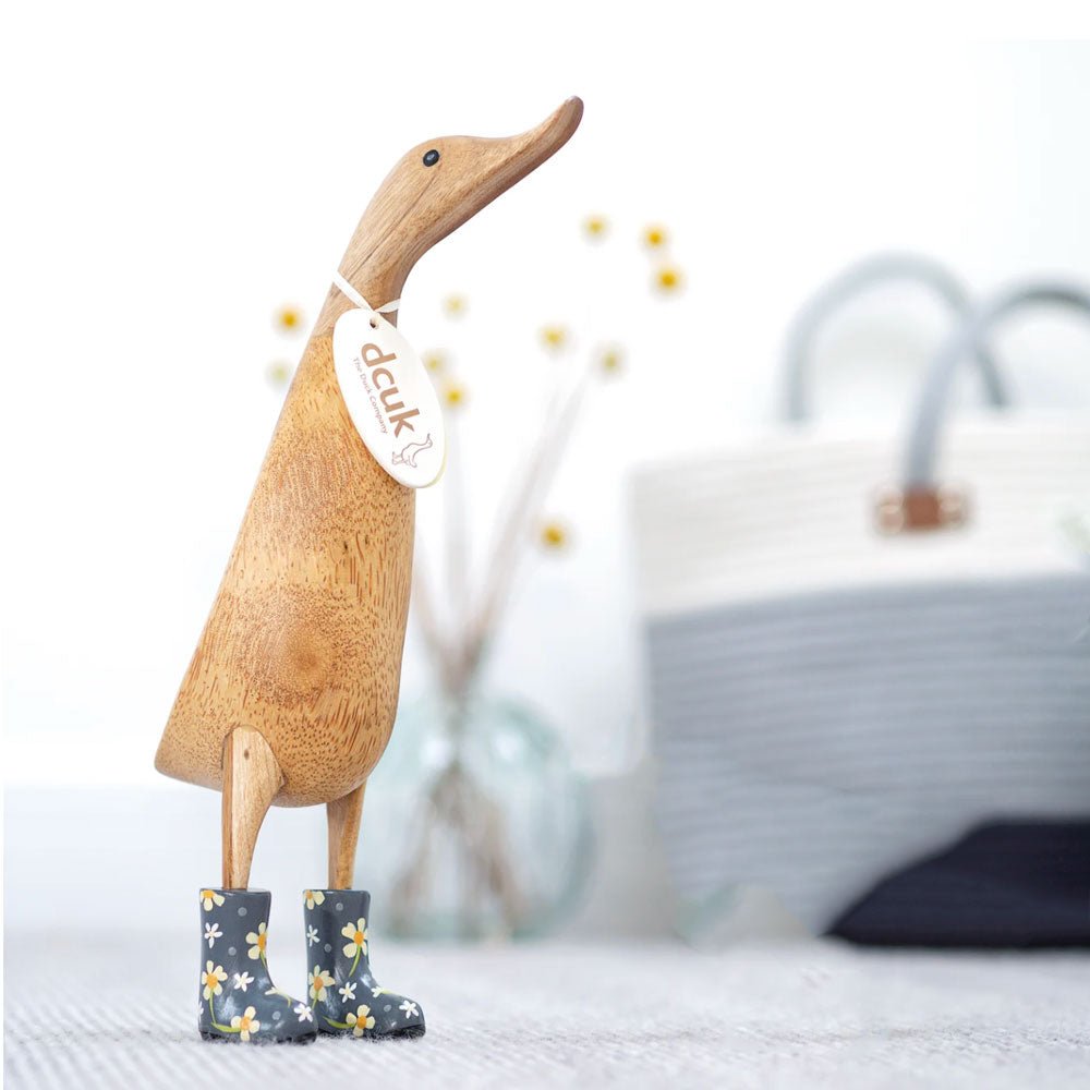 Large Wooden Duck in Grey Floral Welly Boots1 - Duck Barn Interiors