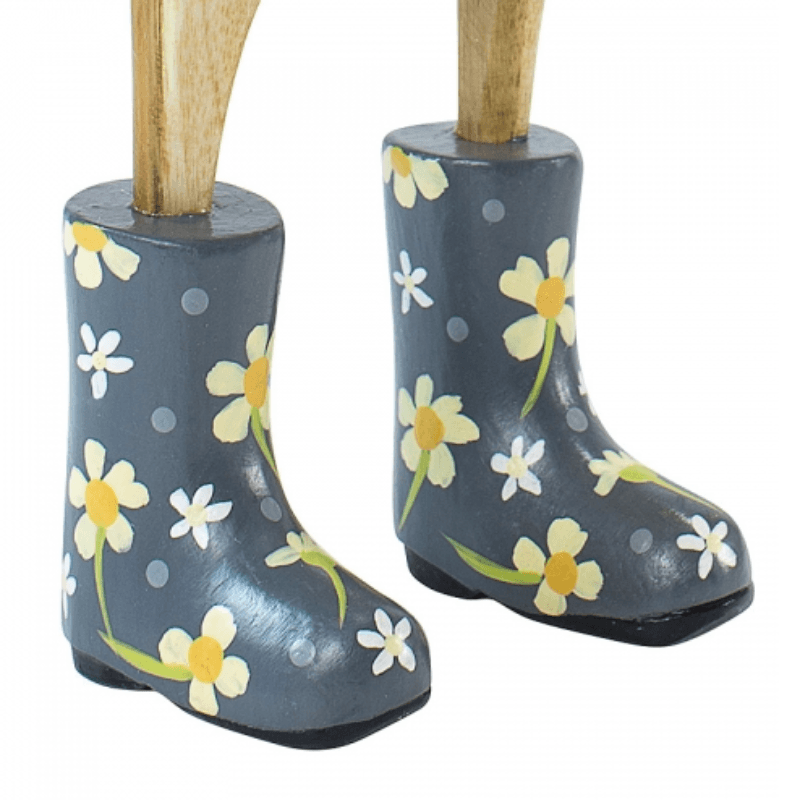 Large Wooden Duck in Grey Floral Welly Boots - Duck Barn Interiors