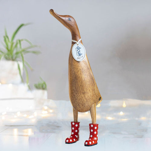 Large Wooden Duck in Red and White Spotty Wellies