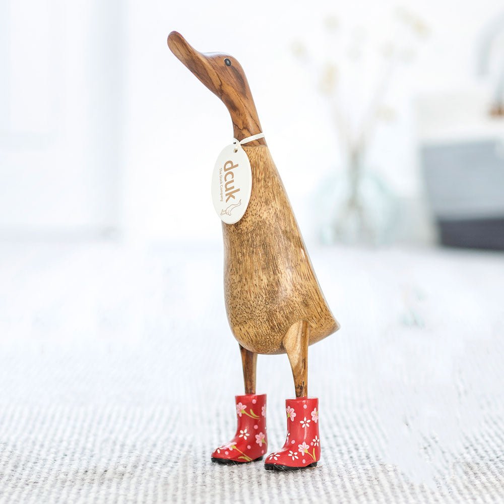 Large Wooden Duck in Red Floral Welly Boots - Duck Barn Interiors