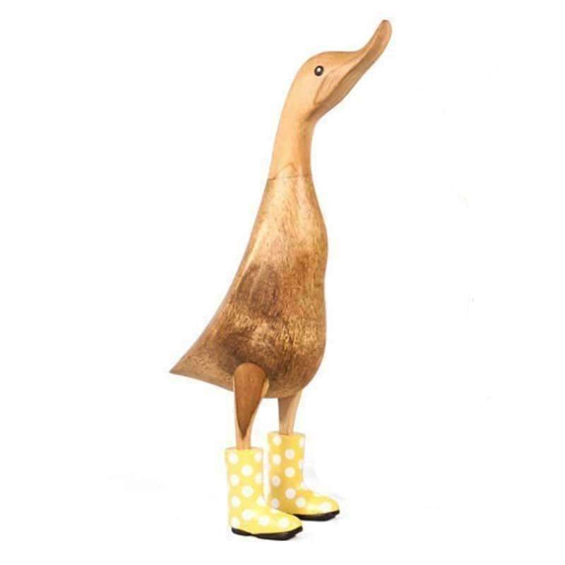 Large Wooden Duck in Yellow and White Spotty Wellies2 - Duck Barn Interiors