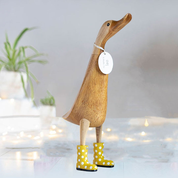 Large Wooden Duck in Yellow and White Spotty Wellies1 - Duck Barn Interiors