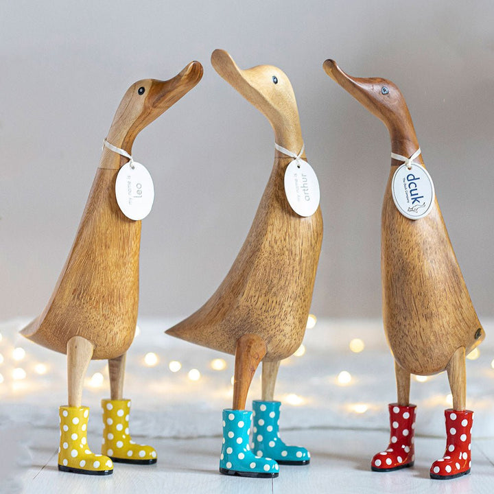 Large Wooden Duck in Yellow and White Spotty Wellies3 - Duck Barn Interiors