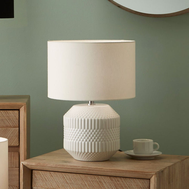 Meribel White Geo Textured Table Lamp with Shade1 - Duck Barn Interiors