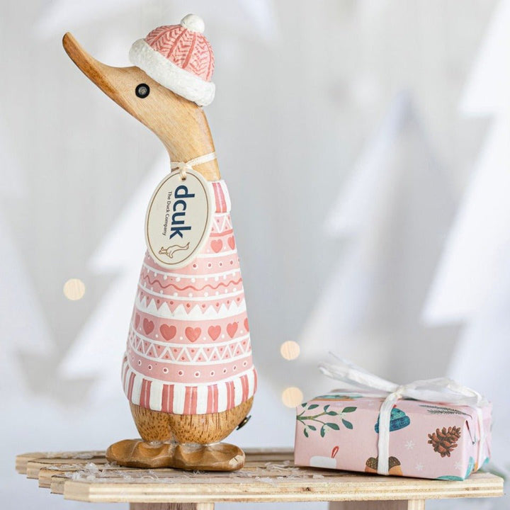 Nordic Blush Pink Duckling in Christmas Jumper and Bobble Hat1 - Duck Barn Interiors