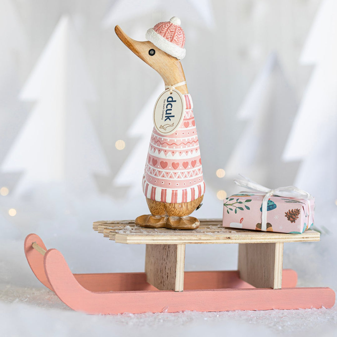 Nordic Blush Pink Duckling in Christmas Jumper and Bobble Hat4 - Duck Barn Interiors