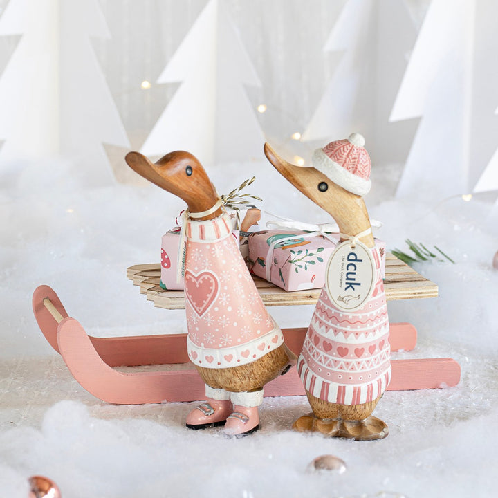 Nordic Blush Pink Duckling in Christmas Jumper and Bobble Hat6 - Duck Barn Interiors