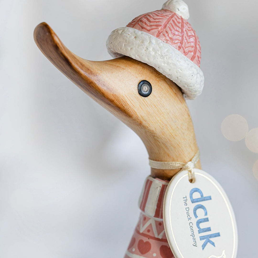 Nordic Blush Pink Duckling in Christmas Jumper and Bobble Hat5 - Duck Barn Interiors