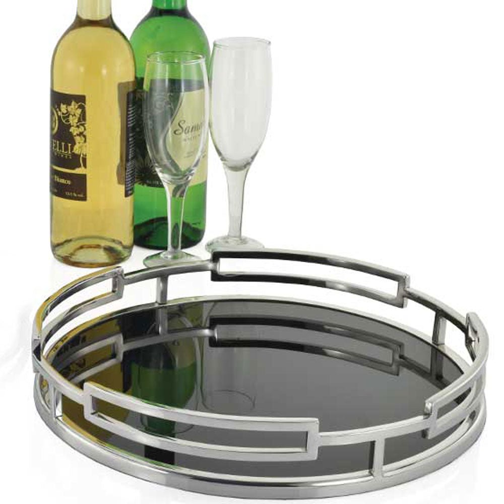 Obsidian Black Glass & Silver Round Tray - Duck Barn Interiors