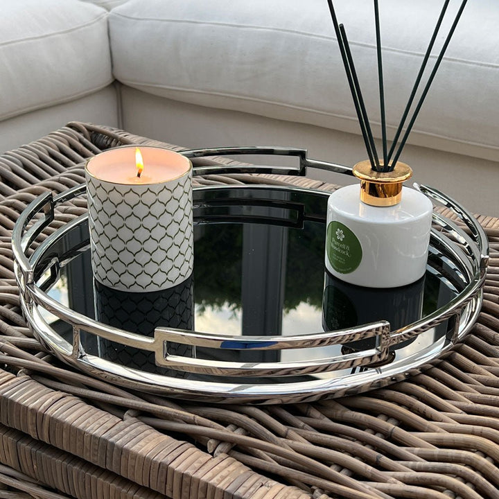 Obsidian Black Glass & Silver Round Tray - Duck Barn Interiors