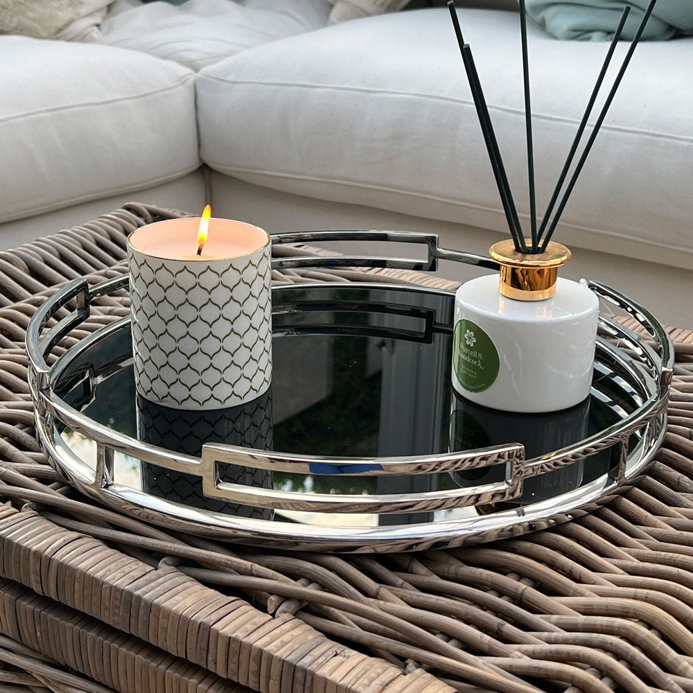 Obsidian Black Glass & Silver Round Tray - Duck Barn Interiors