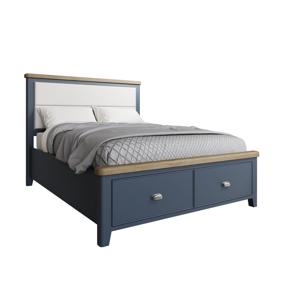 Rogate Blue 4ft 6" Double Bed Frame - Fabric Headboard & Drawers - Duck Barn Interiors