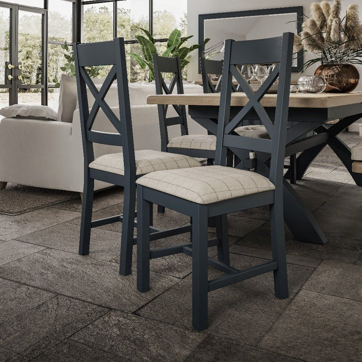 Rogate Blue Painted Cross Back Fabric Dining Chair - Natural Check - Duck Barn Interiors