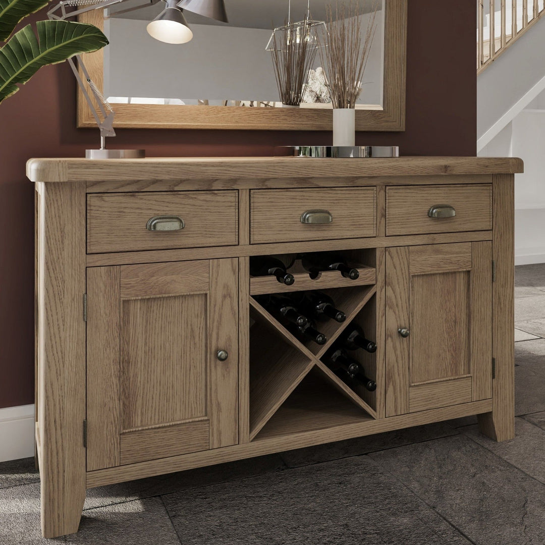 Rusper Oak 2 Door 3 Drawer Large Sideboard with Wine Storage - Duck Barn Interiors