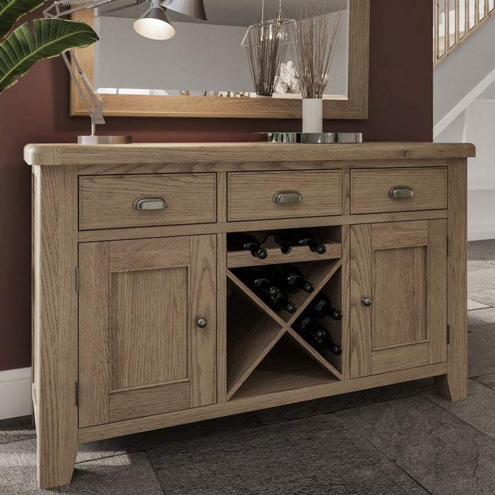 Rusper Oak 2 Door 3 Drawer Large Sideboard with Wine Storage1 - Duck Barn Interiors