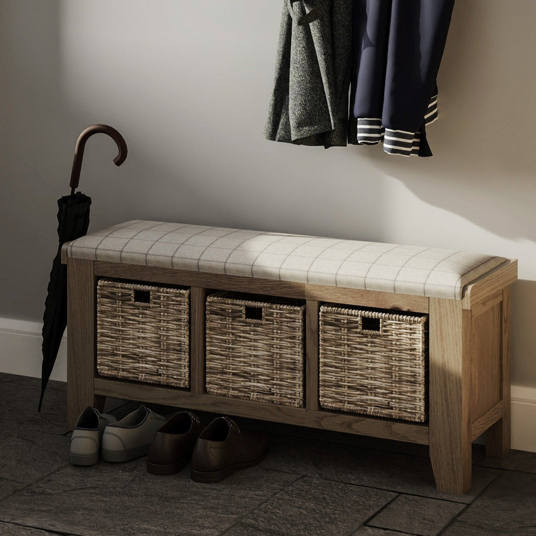 Rusper Oak 3 Basket Hall Storage Bench With Natural Check Seat1 - Duck Barn Interiors