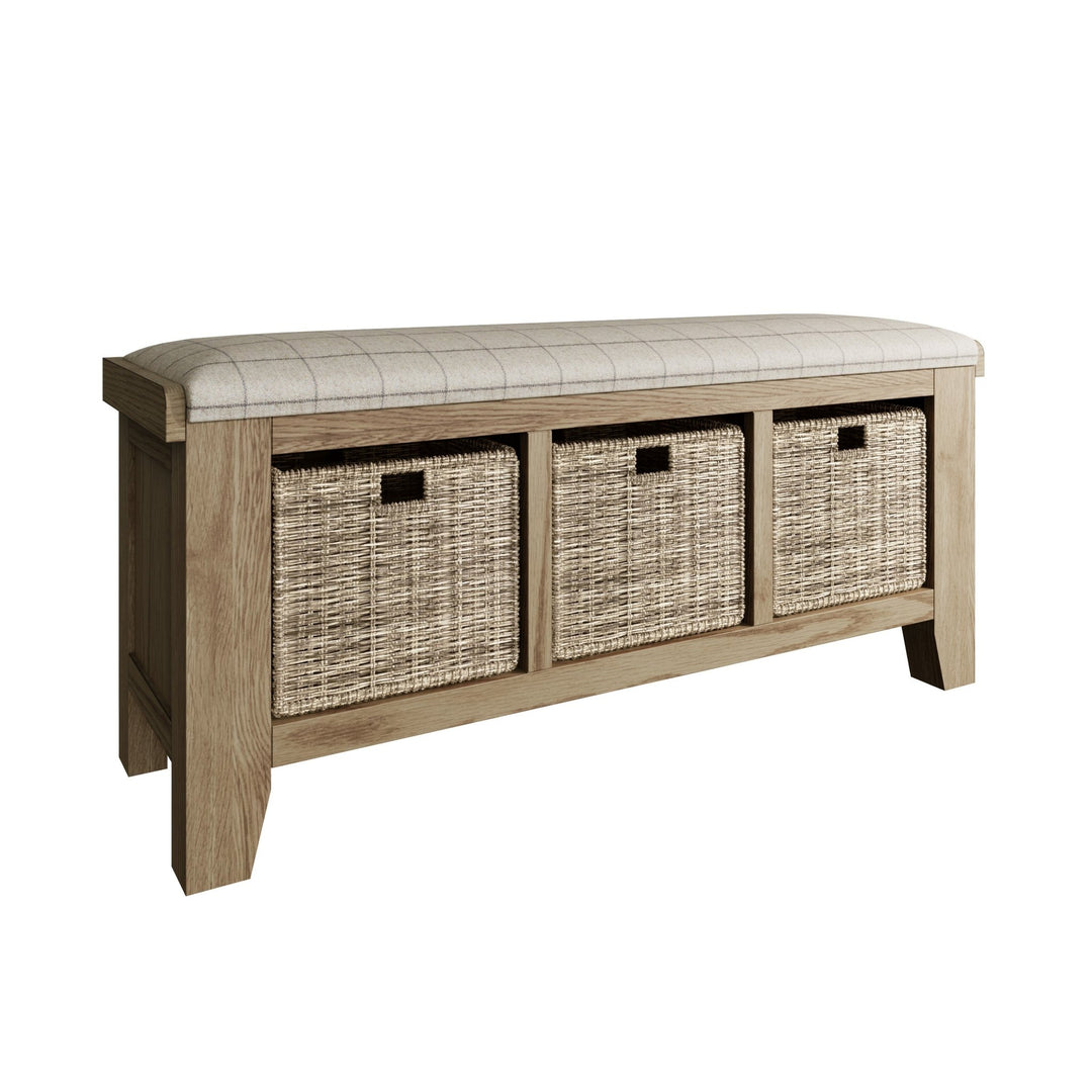 Rusper Oak 3 Basket Hall Storage Bench With Natural Check Seat3 - Duck Barn Interiors