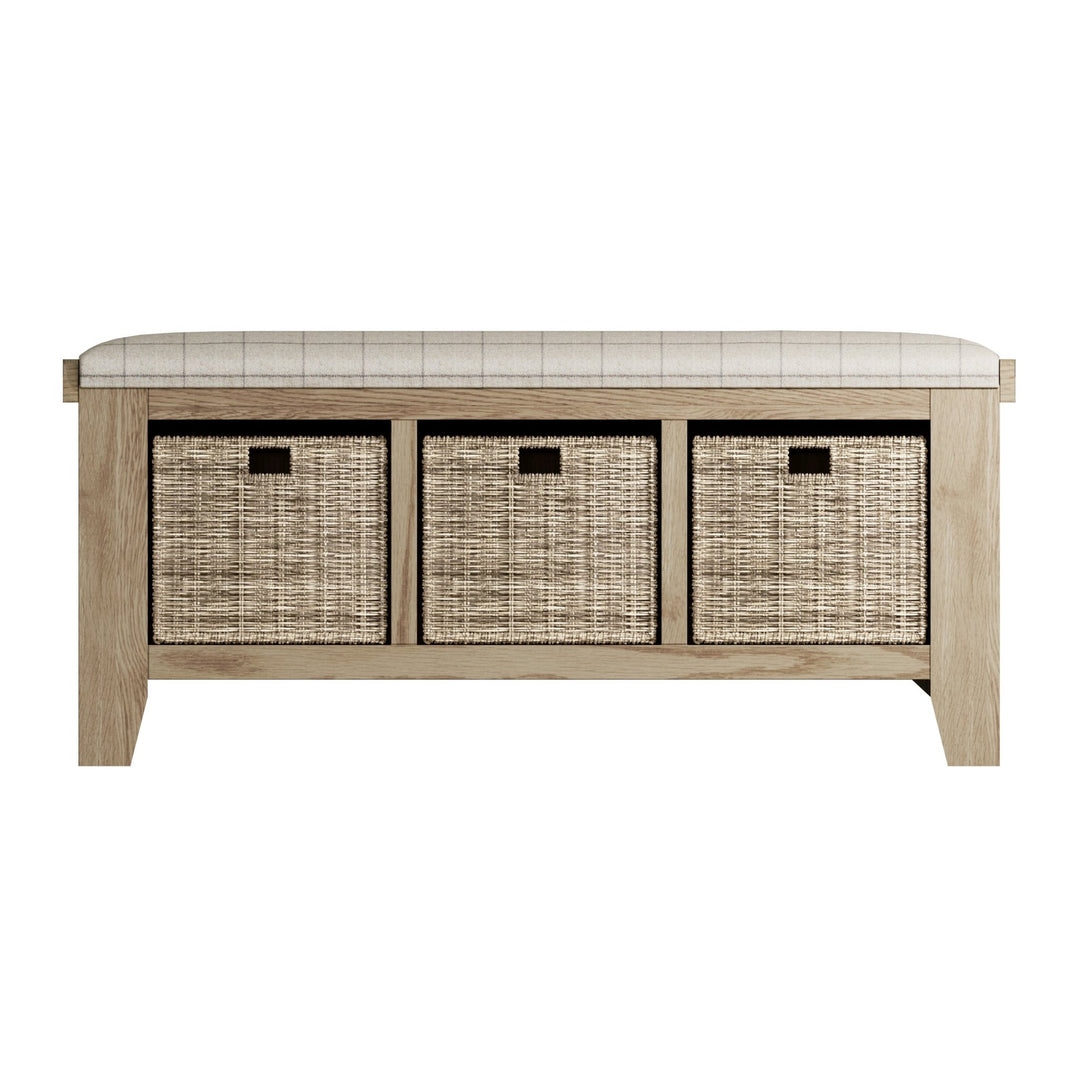 Rusper Oak 3 Basket Hall Storage Bench With Natural Check Seat4 - Duck Barn Interiors