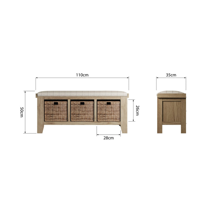 Rusper Oak 3 Basket Hall Storage Bench With Natural Check Seat7 - Duck Barn Interiors