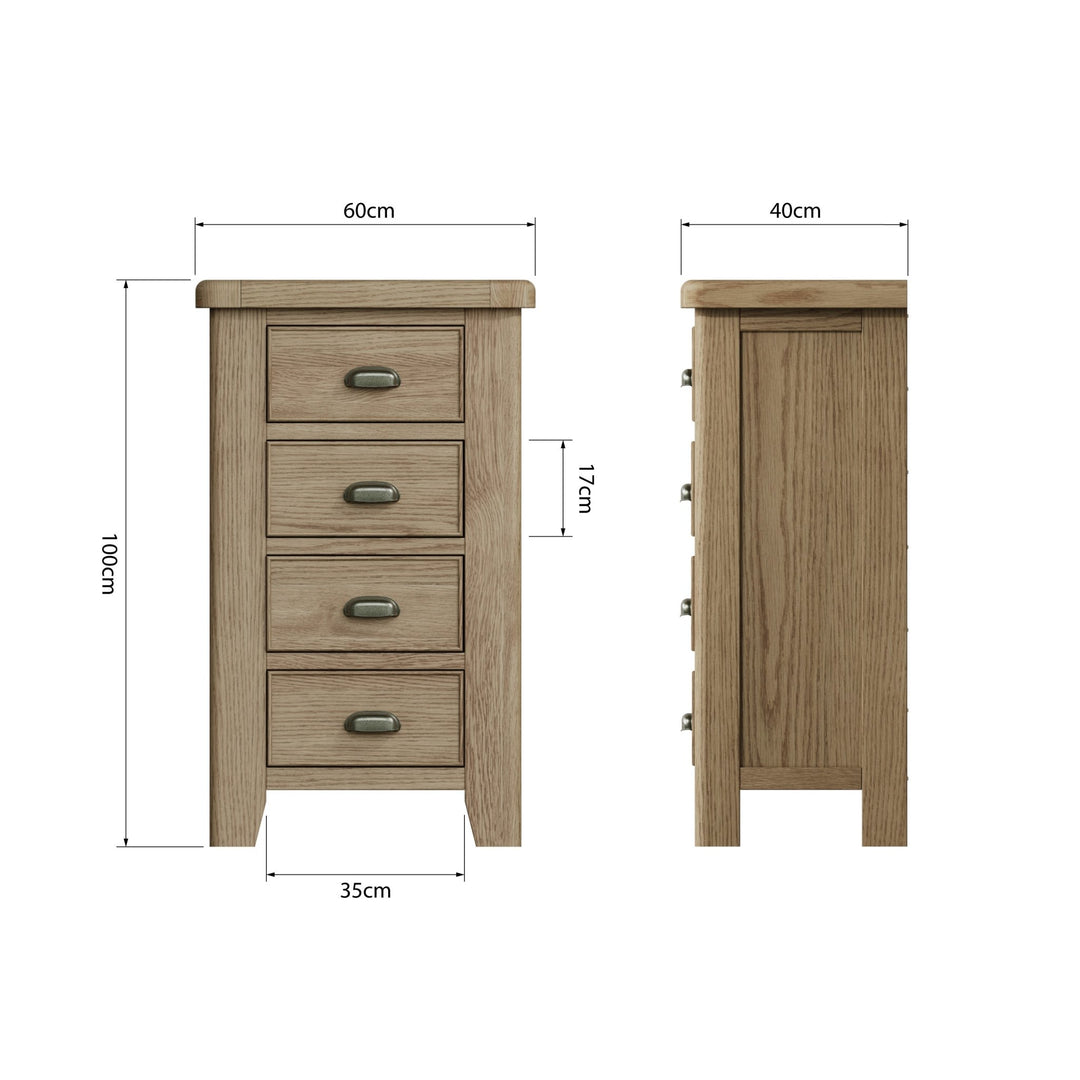 Rusper Oak 4 Drawer Narrow Tallboy9 - Duck Barn Interiors