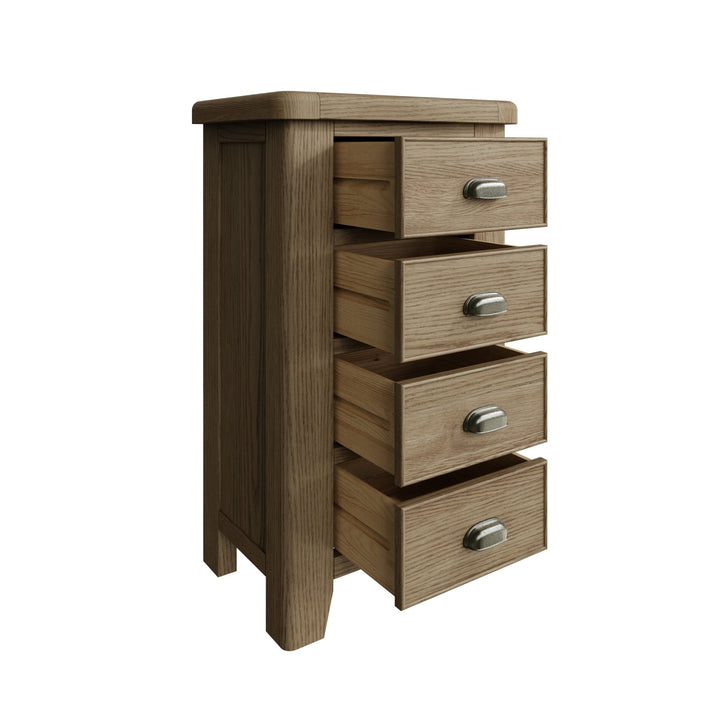 Rusper Oak 4 Drawer Narrow Tallboy6 - Duck Barn Interiors