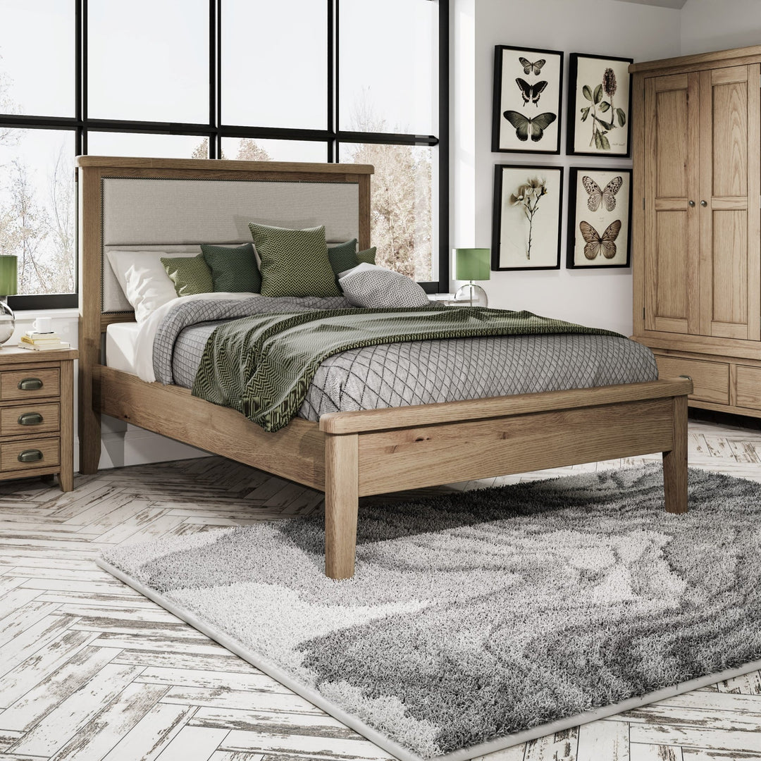 Rusper Oak 4'6" Double Bed Frame - Fabric Headboard - Duck Barn Interiors