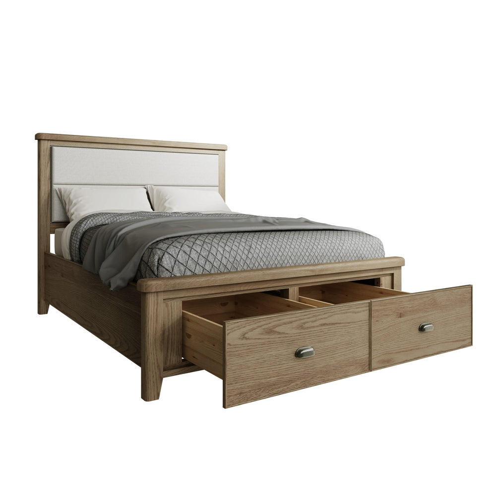 Rusper Oak 5'0 Kingsize Bed Frame - Fabric Headboard & Drawers - Duck Barn Interiors